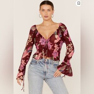 FREE‎ PEOPLE WOMEN'S FLORAL PRINT OF PARADISE TIE FRONT CROP TOP loose mesh top
